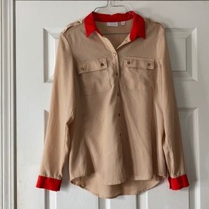 New York and company tan beige orange red button front long sleeve blouse top